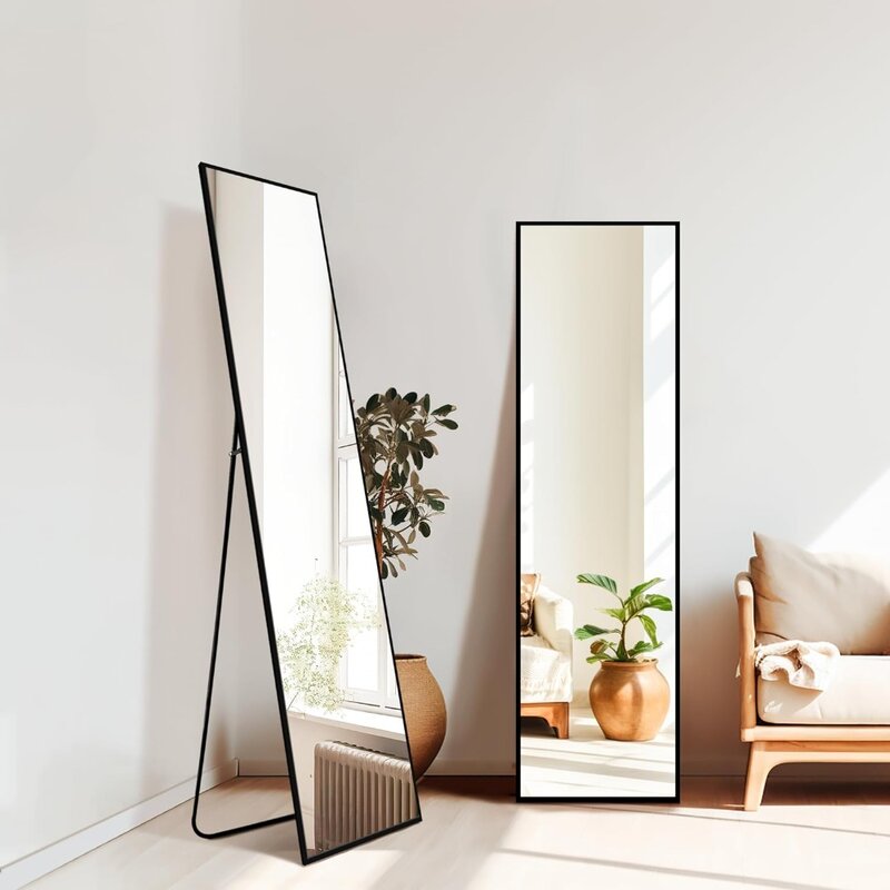 Comprimento total Standing Espelho com moldura de alumínio, grande espelho piso para porta, quarto, banheiro, sala de estar, 56x15-Black