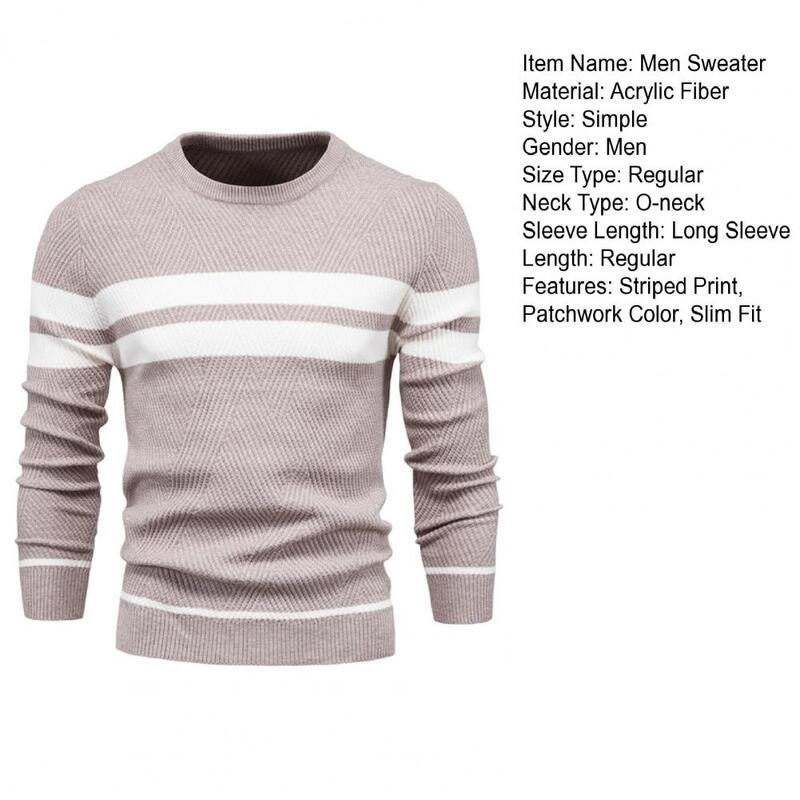 New Fashion Casual Striped Sweater Color Contrast Round Neck Men European Size Sweater High Elasticity Slim-Fit Quality Pullover