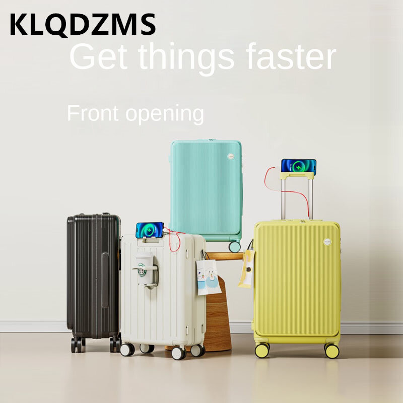 KLQDZMS  20"24"26"Inch Luggage Multifunction PC Trolley Case Front Opening Boarding Box USB Charging with Cup Holder Suitcase
