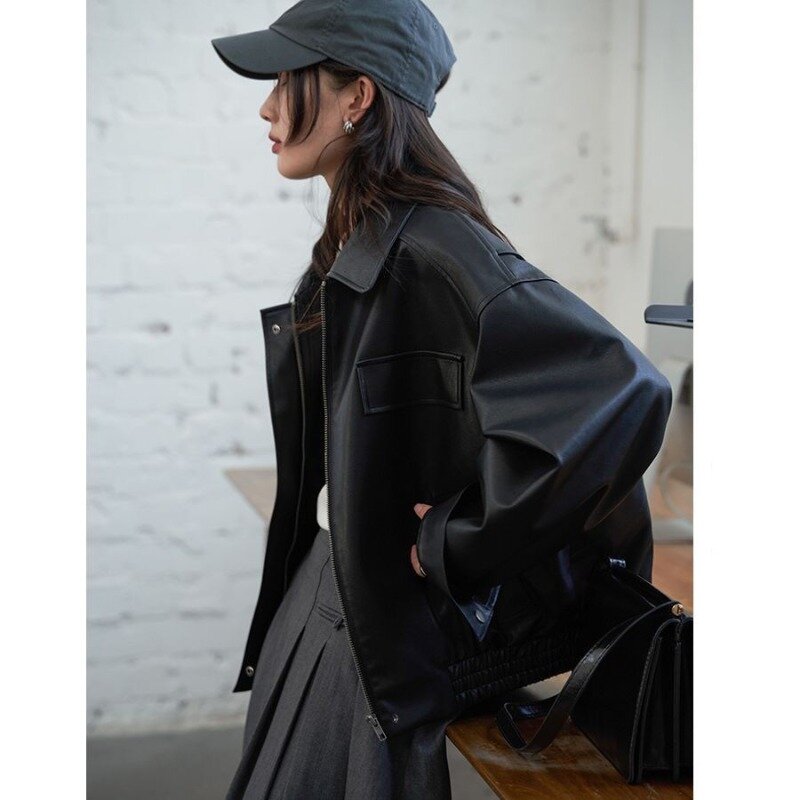 Deeptown Vintage kurze Lederjacke Frauen koreanische Mode y2k Streetwear Renn jacken Pu Reiß verschluss übergroße Harajuku Ästhetik