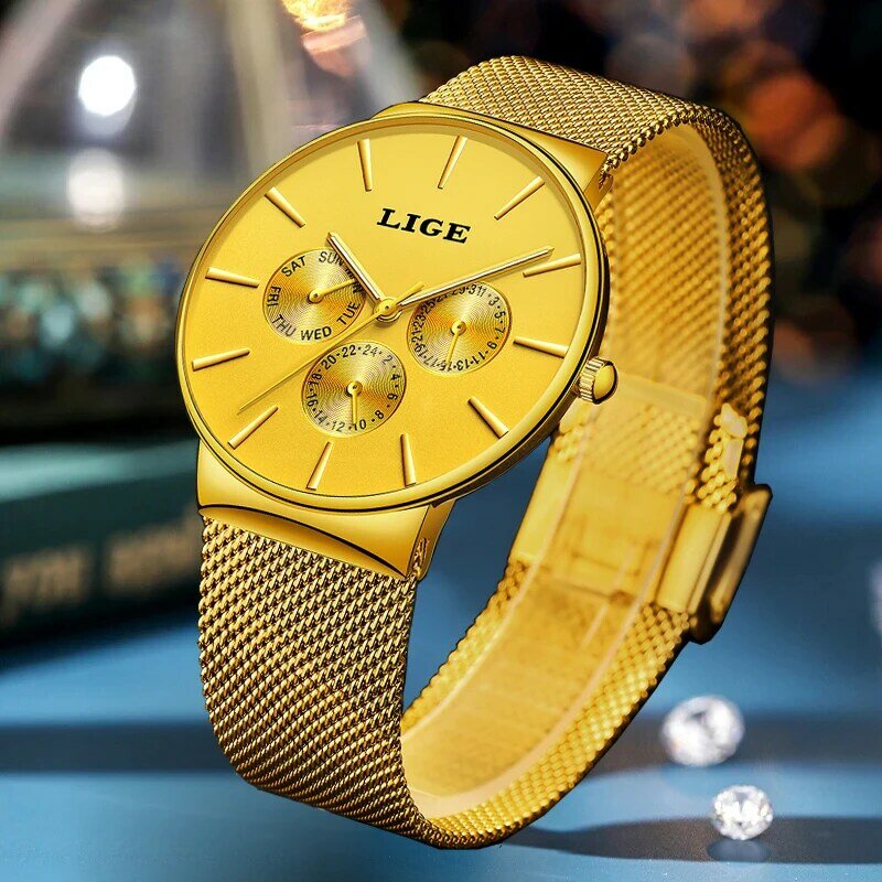 LIGE-Montre-bracelet classique à quartz pour femme, or rose, marque de luxe, affaires, mode décontractée, étanche, calendrier