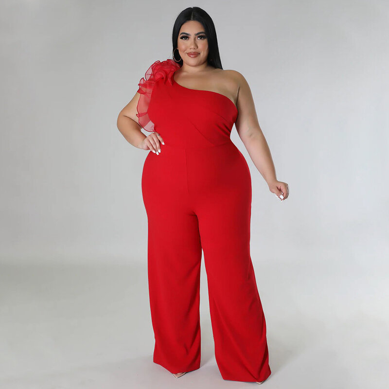 Plus Size One Piece Clothing Women Mesh One Shoulder Casual Outfit Lady Wide Leg Pants 2023 Spring Female Fashion 4xl Jumpsuit