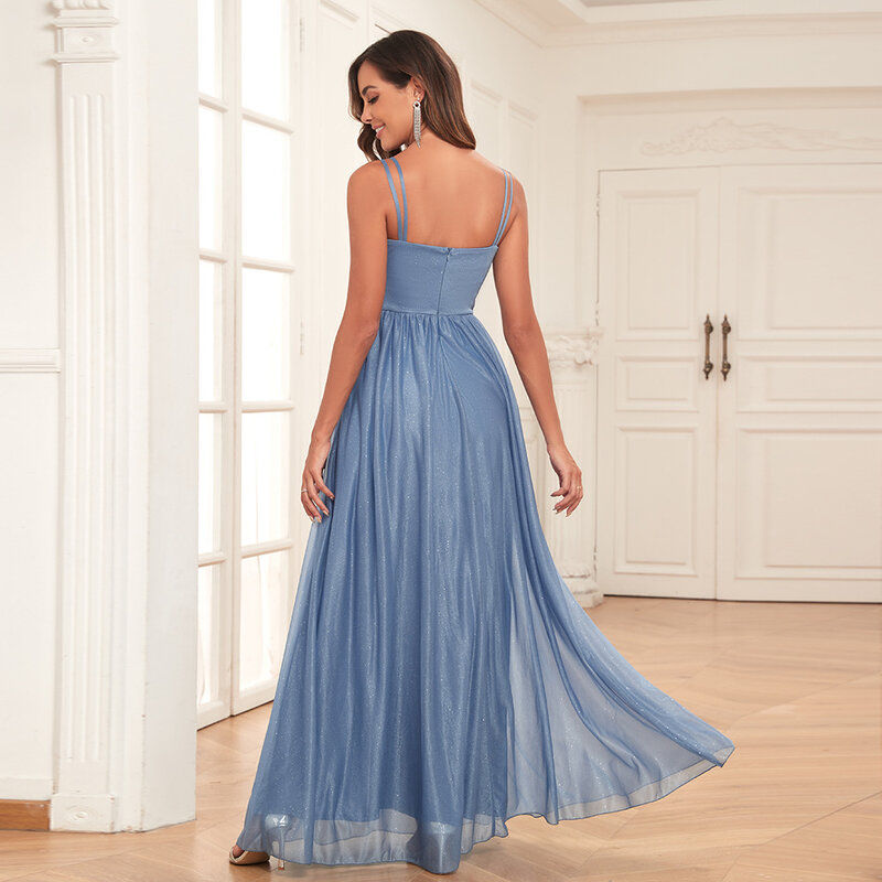 Sparkling suspender Blue evening dress with waistband stitching sleeveless full lining back zipper flowing A-line party dress