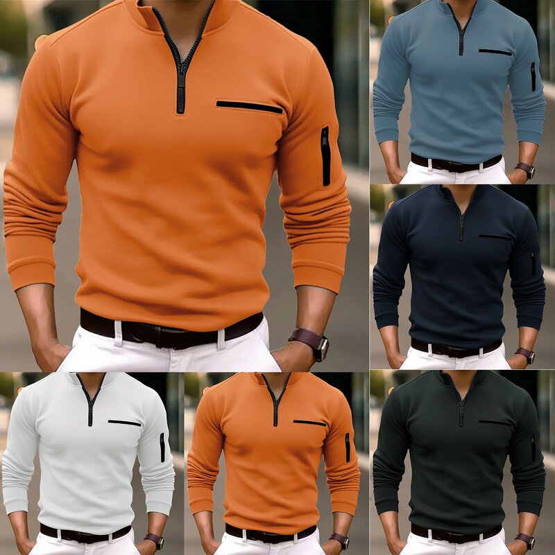 Male Shirt Quarter Zip Work Daily Wear Long Sleeve Fashion Comfortable Plain Pocket Sportswear Men Clothes Camisetas Hombre
