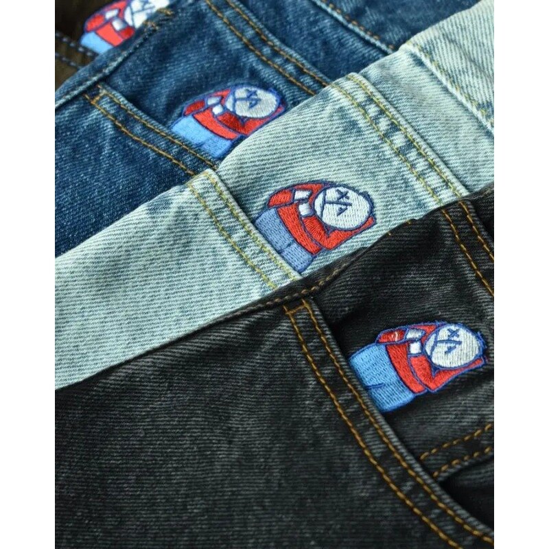 Calção jeans grande com bordado em desenhos animados, Y2K, hip-hop, calça de cinco pontos, retrô, clássico, gótico, solto, jovem, roupa de rua, 2021