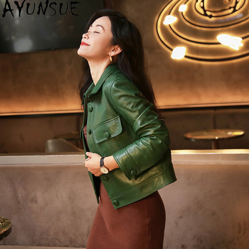 AYUNSUE 여성용 진짜 가죽 재킷, 2023 짧은 슬림 가죽 재킷, 정품 양가죽 코트, 녹색 바이커 코트, 차케타