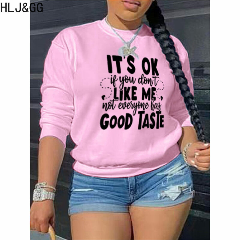 HLJ&GG Pink Casual Letter Printing Pullover Women Round Neck Long Sleeve Loose Tops Autumn Female Sporty Matching Clothing 2023