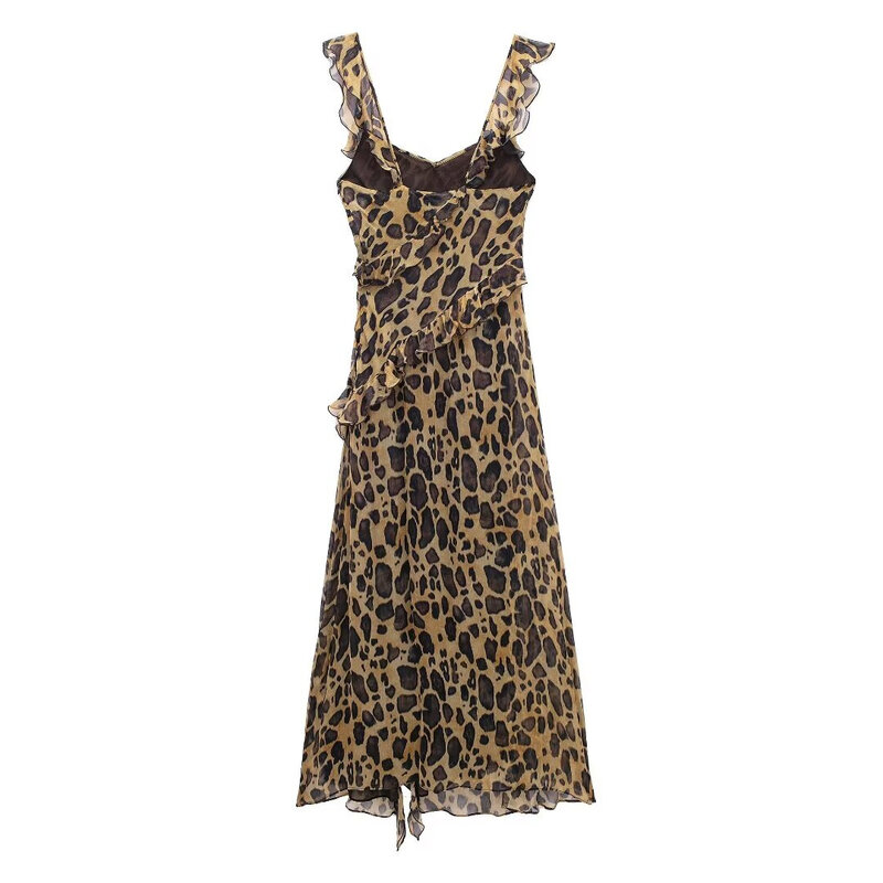 Sexy Leopard Printed Slip Ruffles abiti moda donna abito senza maniche estate New Holiday Lady Beach Party Vestidos
