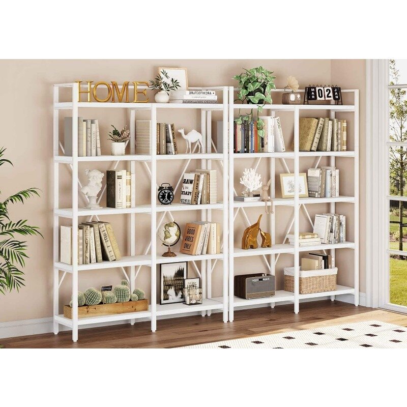 FATORRI Bookcase, Modern 5 Tier, Wood Etagere Bookshelf, Metal Tall Book Shelf  (White Oak, 51 Inch Wide)