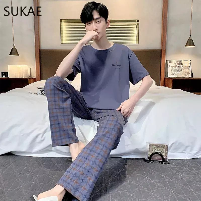 SUKAE-Conjunto de Pijama de estilo minimalista coreano para hombre, ropa de dormir elegante de algodón, informal, para verano, L-4XL