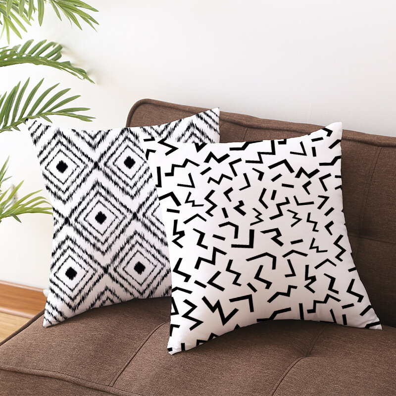 幾何学的な形のクッションカバー,白黒,45x45のリビングルームの装飾,四角い枕カバー