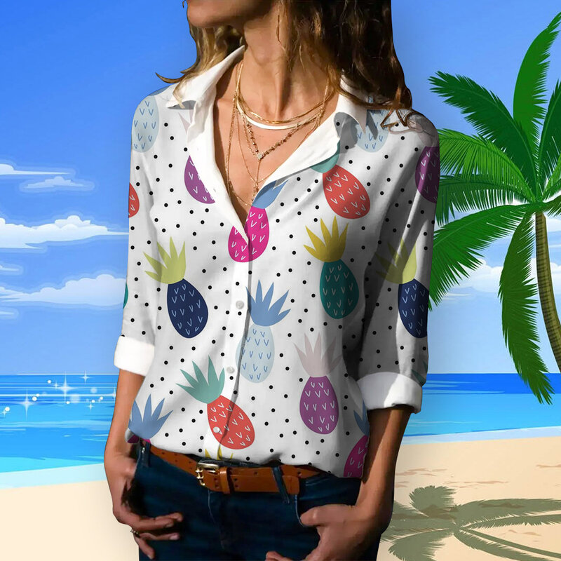 3D الأناناس المطبوعة الجديدة طويلة الأكمام قمم العصرية الشارع الشهير زر قمصان الصيف خمر هاواي نمط طية صدر السترة قمصان للإناث