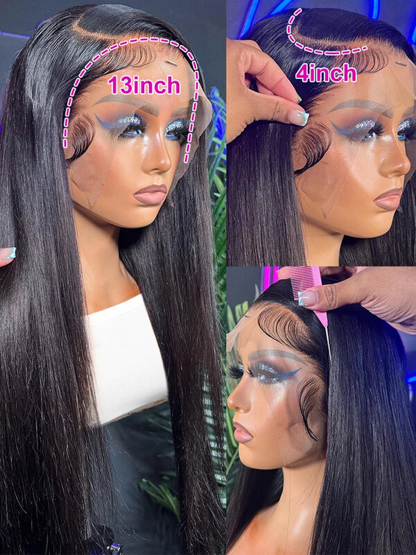 Peruca dianteira reta brasileira para mulheres, peruca frontal 360, perucas de renda transparente HD, cabelo humano, 30 ", fechamento 4x4, 13x6