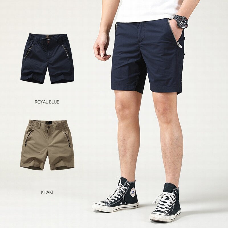 Pantaloncini Cargo estivi con cerniera dritta in cotone 100% per uomo lavare pantaloni Streetwear Casual solidi al ginocchio pantaloni da spiaggia kaki blu