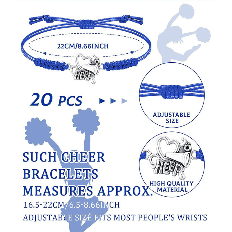 20Pcs Cheerleader Gifts Girls Cheerleading Bracelet Adjustable Charm Bracelets Cheer Heart Jewelry Team Cheerleading Accessories