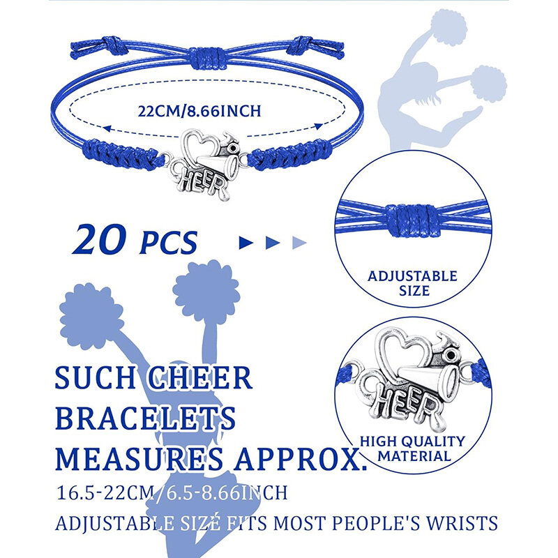 Pulseira Cheerleader Ajustável para Meninas, Presentes Cheerleader, Cheerleading Charm Bracelets, Cheer Heart Jewelry, Acessórios Da Equipe, 20Pcs