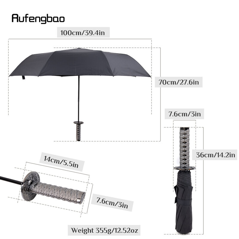 Payung Samurai Perak Pria Wanita, payung otomatis 8 Tulang lipat pelindung UV hari cerah dan hujan payung tahan angin
