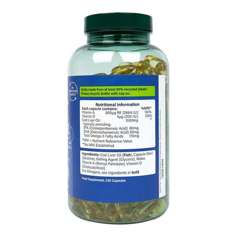 대구 간 오일, 오메가-3 및 비타민 A & D 240 캡슐, 무료 배송, 1000 mg