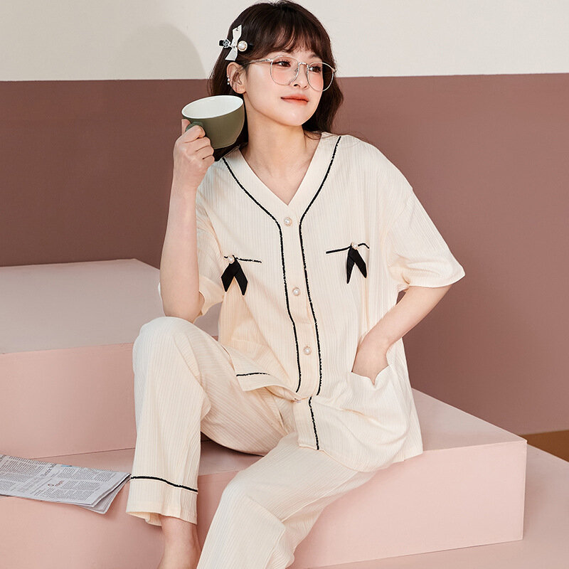 Pijamas de algodão feminino manga longa fresco e bonito fino de duas peças terno womens conjuntos de duas peças pijamas