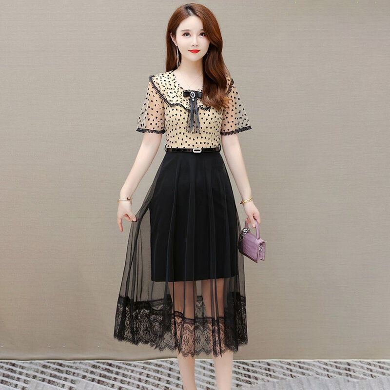 Fashion Age-reducing Mid-length Over-the-knee Waist Slimming And Covering Meat, Thin Summer Design, Mesh Stitching Dress, Female