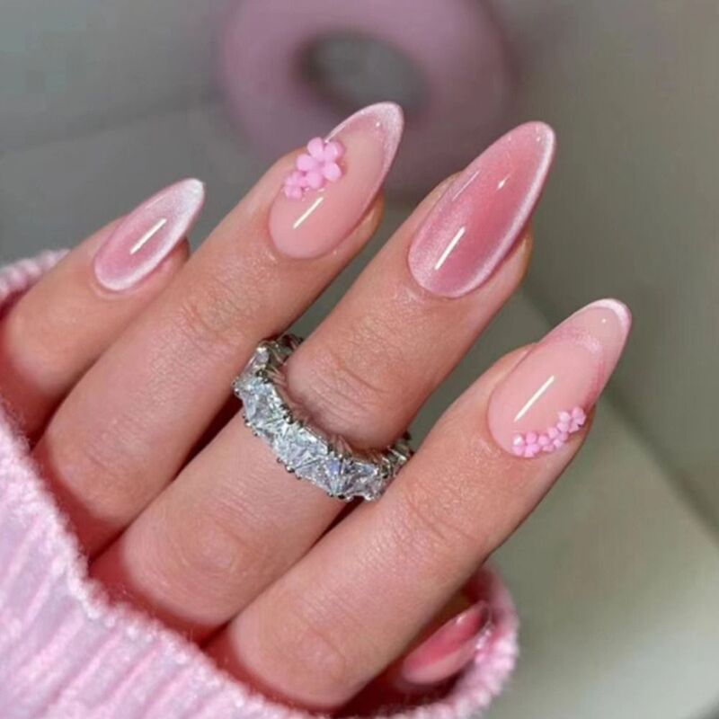 24 pz lungo mandorla unghie finte fiore viola francese occhio di gatto stampa sulle unghie unghie finte Manicure fai da te punte per unghie staccabili
