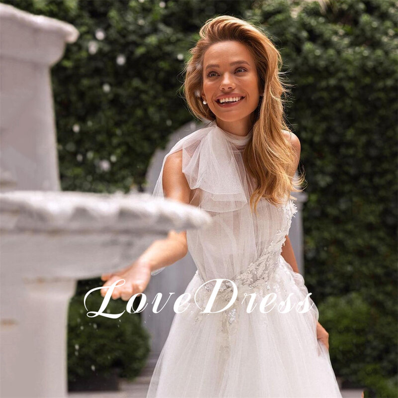 LoveDress Floral Lace Applique Halter Neck Boho Wedding Dress Sleeveless Tulle Vestidos Civil Princess Luxury Bridal Beach Gown