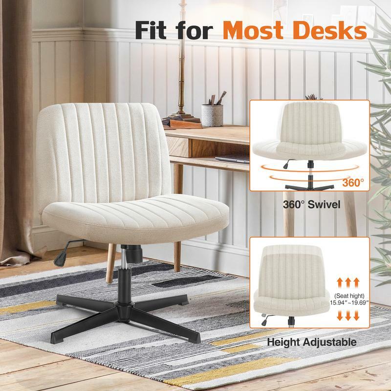 Elegante cadeira de mesa sem braços com design Cross Leg, Wide Swivel para Home Office, Criss Cross, confortável