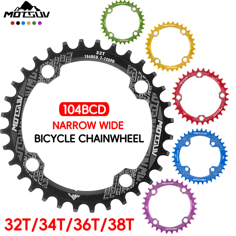 Manivela de bicicleta redonda, 104BCD, largura estreita, 32T, 34T, 36T, 38T, MTB Chainwheel, bicicleta círculo manivela, única placa