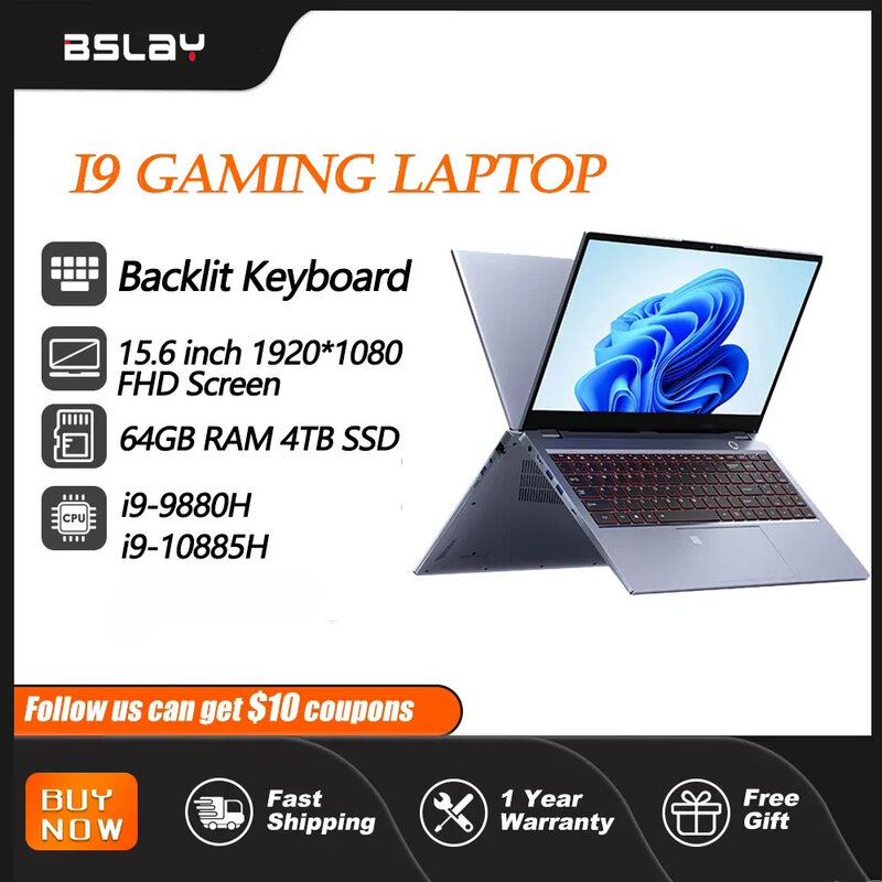 แล็ปท็อปสำหรับเล่นเกม I9แกน15.6นิ้ว9880H/10980H 64GB RAM 4TB SSD Windows 11แป้นพิมพ์เรืองแสง8คอร์โน๊ตบุ๊คขนาดพกพา16เธรด