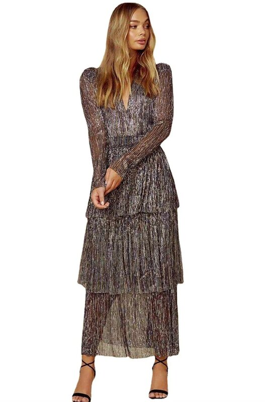 Элегантное многослойное Вечернее Платье макси с V-образным вырезом для женщин 2024 серое платье с длинным рукавом модное винтажное женское платье для выпускного вечера