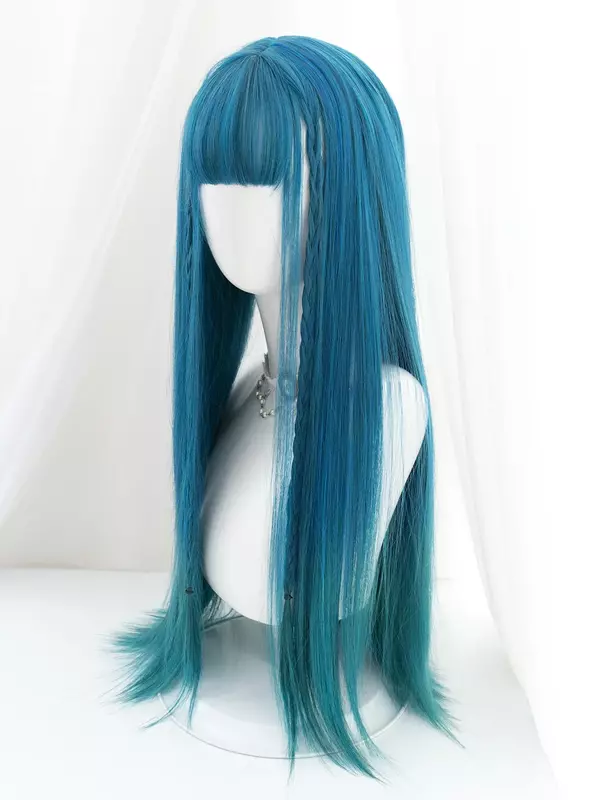30Inch Blue Gradient Green Color Synthetic Wigs With Bang Long Natural Straight Hair Wig For Women Cosplay Heat Resistant Lolita