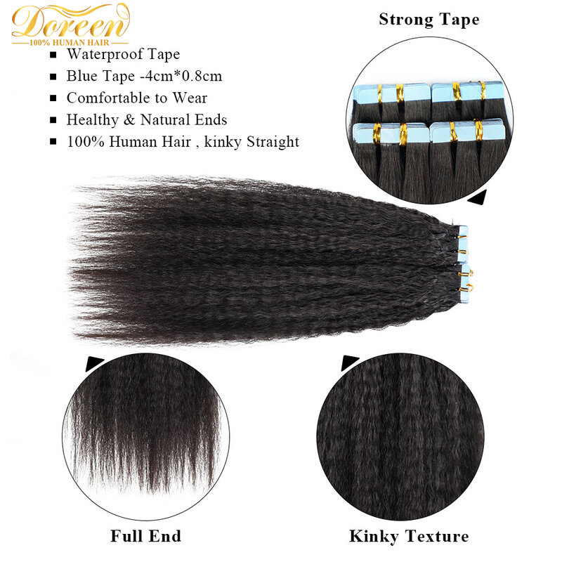 Doreen 14-24 дюйма, курчавая прямая лента для наращивания человеческих волос, 100% невидимая лента для волос, натуральные черные бразильские волосы, 50 г
