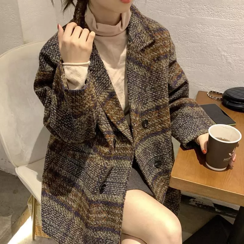 Koreańska moda wełniana kurtka w kratę damska jesienno-zimowa ciepła dwurzędowa odzież wierzchnia damska Vintage skręcić w dół kołnierz gruby płaszcz