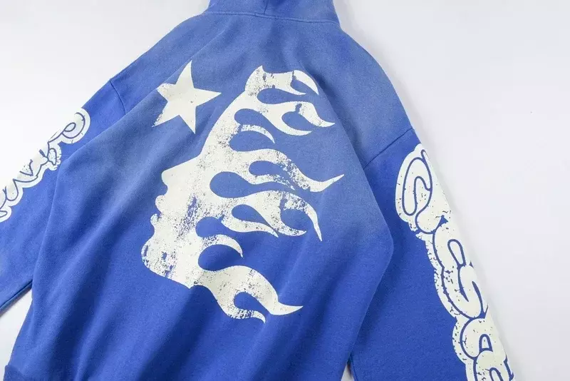 24ss HELLSTAR Blue Hoodios Pure Cotton Foam Printing Men Women 1:1 High Quality Washed Oversized Hooded Pullovers