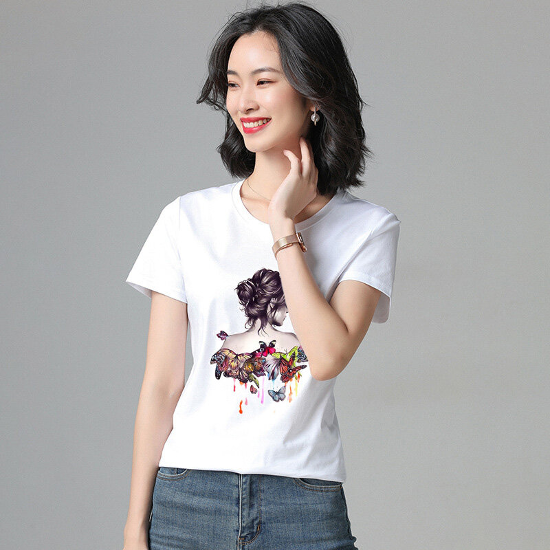 T-shirt de manga curta com estampa de borboleta para meninas, streetwear vintage, bonito, estética, novo, 2024