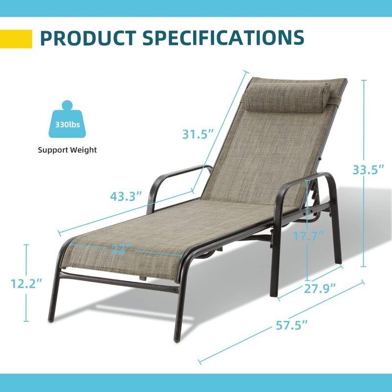 Outdoor Chaise Lounge Chair Set of 2 with Adjustable Backrest, All-Weather Textiline Recliner Chairs & Ergonomic Armrest,