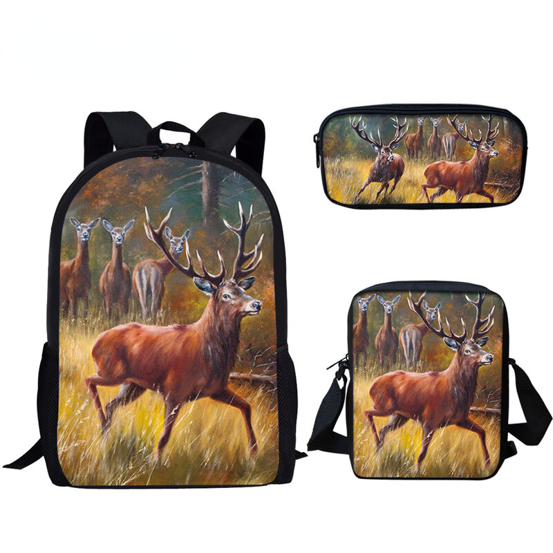 Popular Trendy Fashion Animal Deer 3D Print 3pcs/Set pupil School Bags Laptop Daypack Backpack Inclined shoulder bag Pencil Case