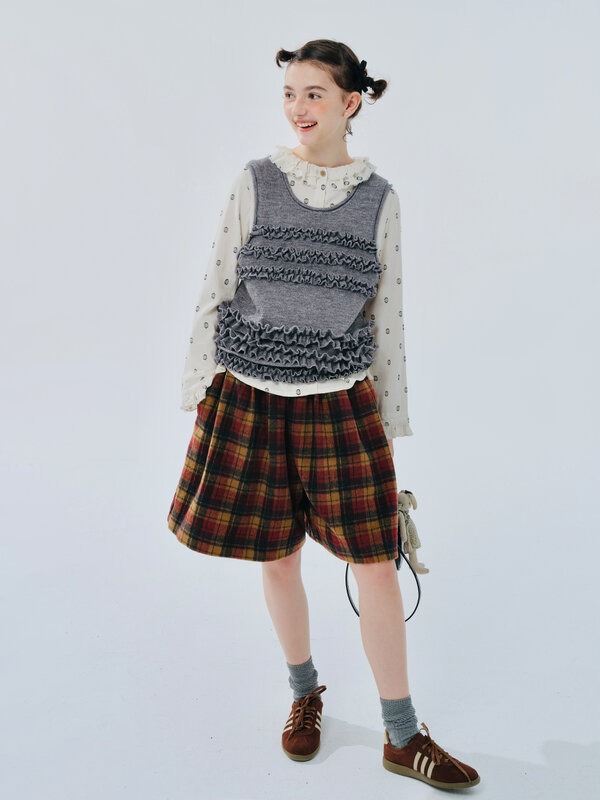Imakokoni-Culotte de lana a cuadros para mujer, prenda original de color gris, para otoño e invierno, 2024, 244439