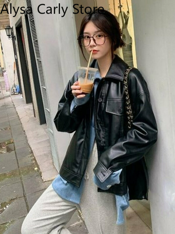 สีดำ Vintage หนังแจ็คเก็ตผู้หญิงเกาหลี High Street หลวมบาง Biker Coat หญิง2022ฤดูใบไม้ร่วง Outwear Single Breasted Chic เสื้อ