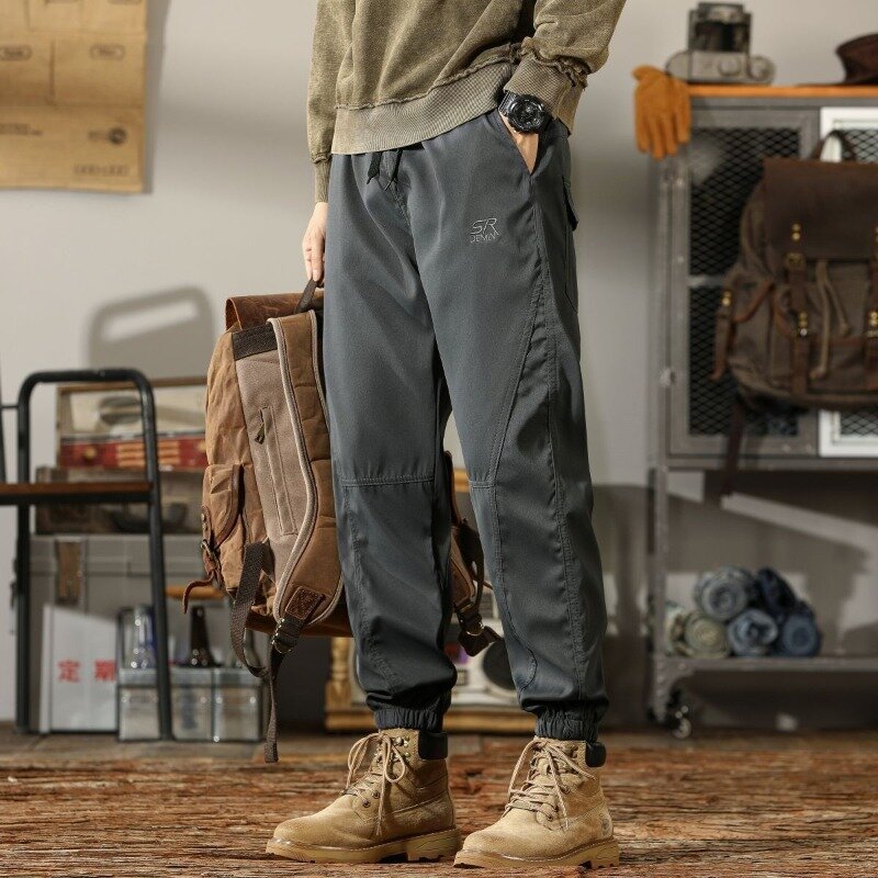 Vintage Men's Summer 2024 New Patchwork High-waisted Fashion Solid Drawstring Pockets Slim Fit All-match Casual Cargo Pants