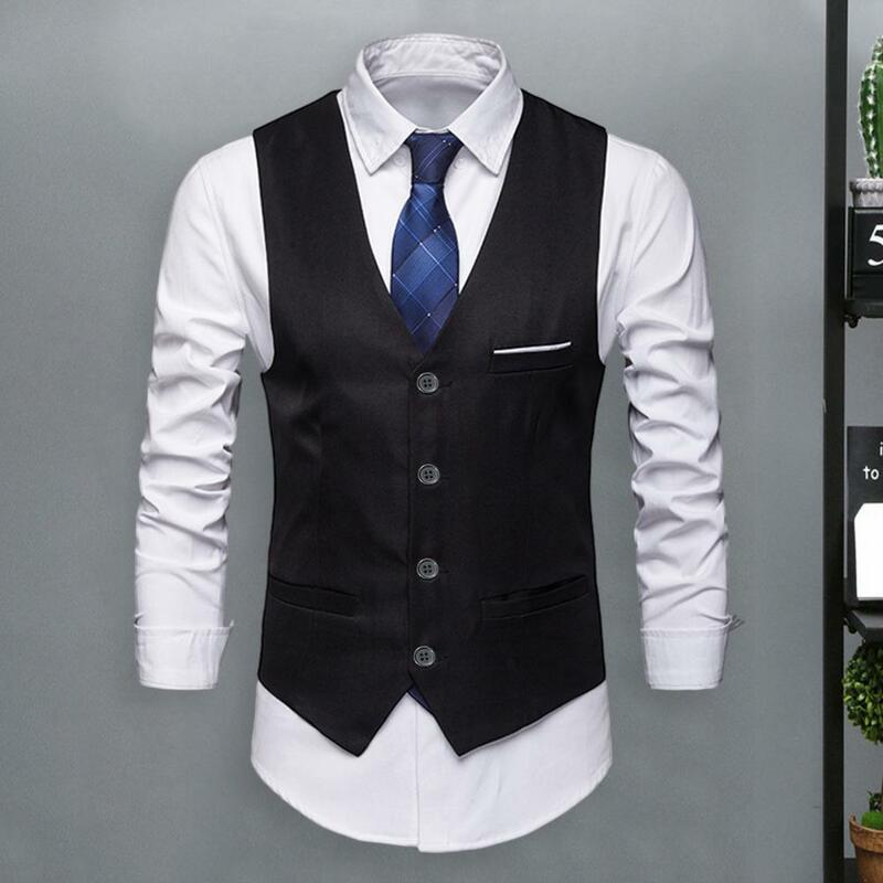 Men Suit Vest Men's Formal Business Waistcoat Sleeveless Slim Fit V Neck Vest with Anti-wrinkle Silky Fabric Single-breasted