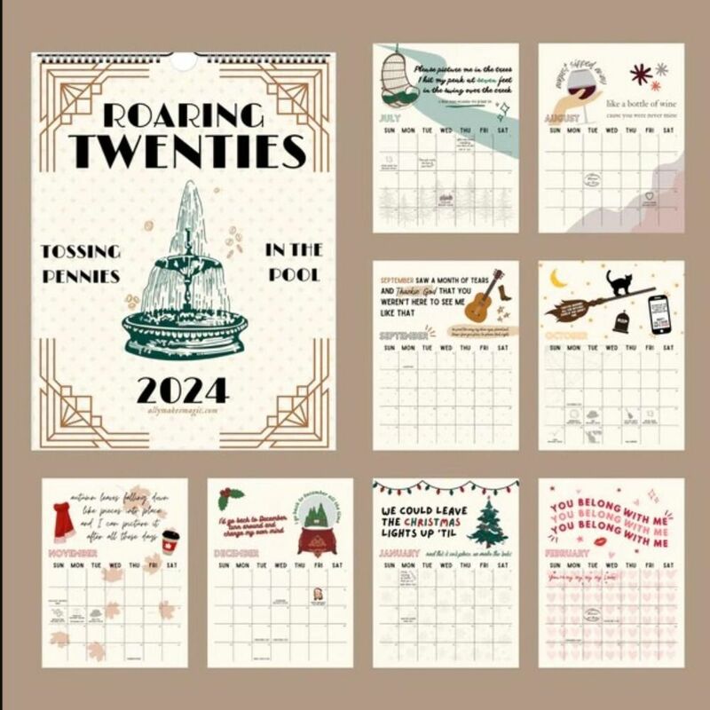 Loucos anos vinte pendurado calendário, decoração da parede, planejamento a longo prazo, tempo, presentes de ano novo, papel, 2024