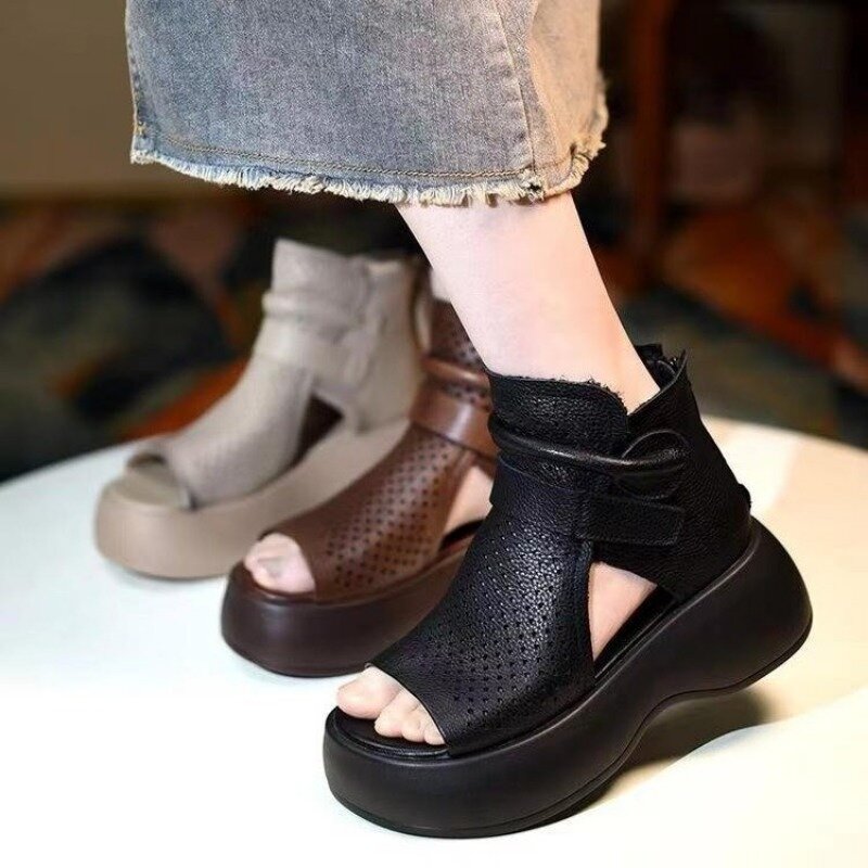 Sandalias de plataforma con cordones para mujer, zapatos de cuero, botas Martin gruesas con cordones, costura Retro, hechas a mano, concisas, Verano
