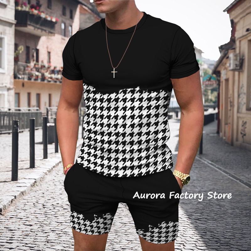 Sommer männer Plaid Streifen Trainingsanzug Einfarbig T-Shirt Shorts Set Vintage Anzug Männlichen Mode Outfit Kleidung Casual Streetwear