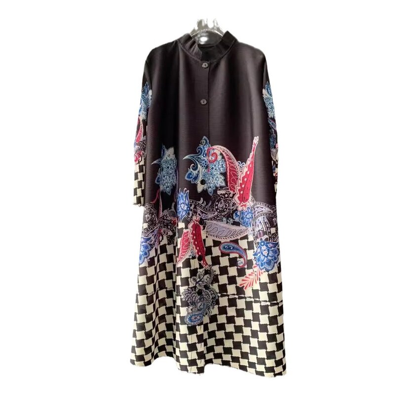 Miyake-vestido casual plissado de peito único feminino, xadrez, manga sete quartos, estampa da moda, temperamento, verão, 2024