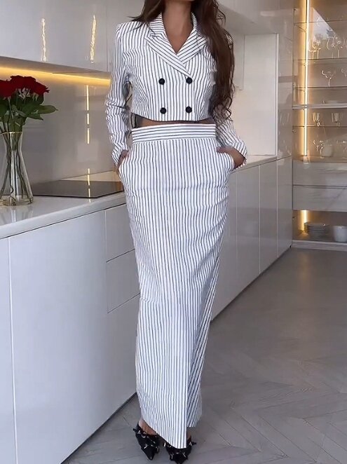 Setelan jas Double Breasted atasan dan rok panjang bergaris Set mode baru penjualan laris 2023 wanita lengan panjang indah