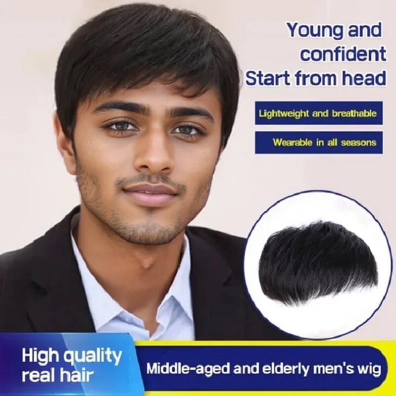 Dark Black Synthetic Wig for Men 13×14 Short Hair Lace Frontal Wig Glueless Roots with Straight Bangs Natural Looking Daily Use