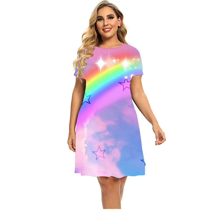 Stars And Moon Gradient Rainbow Women Dress Fashion Sweet manica corta o-collo Party a-line Dress 2023 Summer Plus Size Dresses