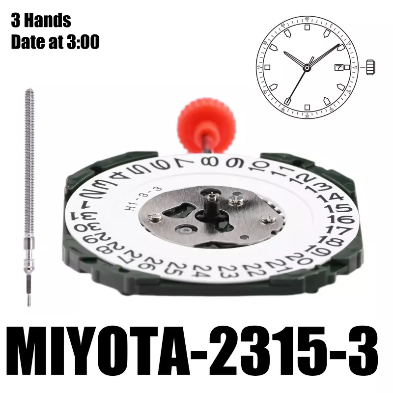 2315 Movement Miyota 2315 Movement Size 11 1/2’’’ Height 4.15mm Accuracy ±20 sec per month 3 Hands Date at 3:00