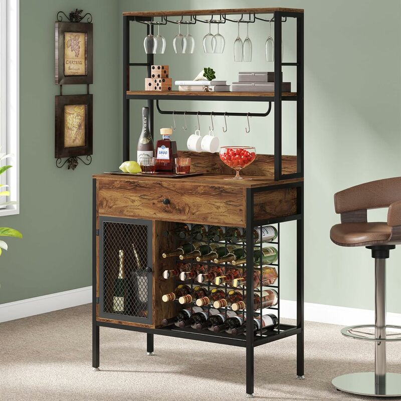 Wine Bar Cabinet with Storage Drawer, 64 Inches Tall 32-Bottles Large Capacity Freestanding Wine Rack Bar Cabinet with 6 Hooks